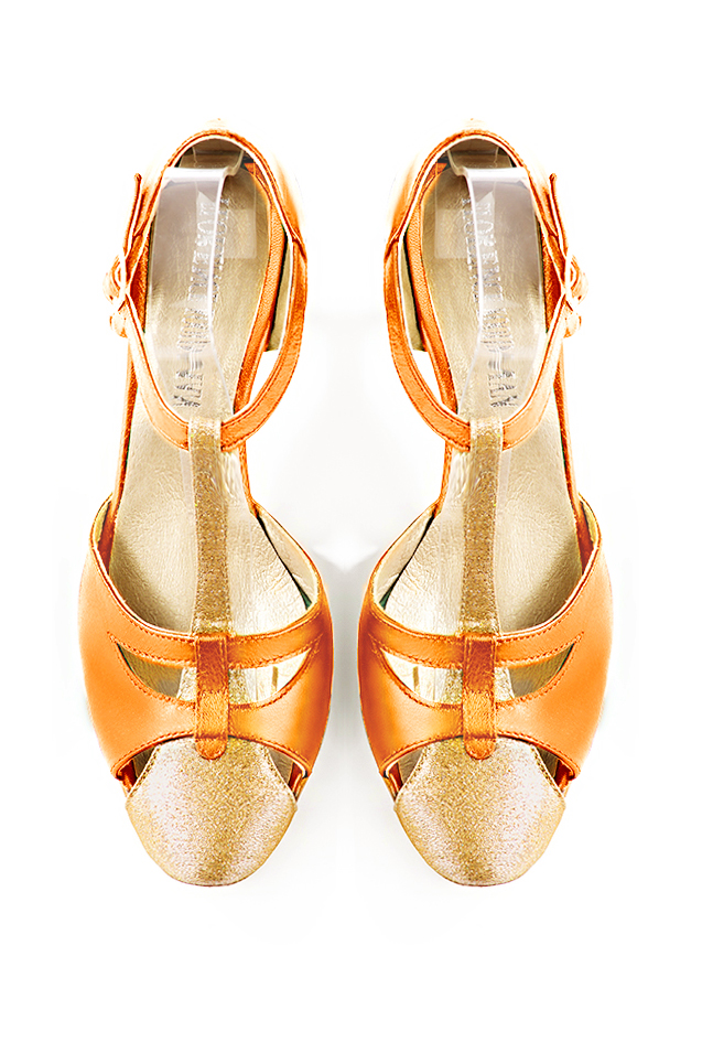 Gold and apricot orange women's T-strap open side shoes. Round toe. High slim heel. Top view - Florence KOOIJMAN